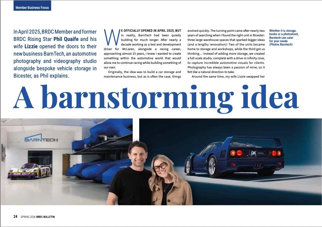 BRDC Bulletin magazine feature about Phil and Lizzie Quaife opening BarnTech